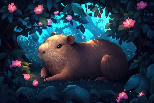 Charming capybara resting in enchanted forest with soft blossoms and glowing fireflies. AI