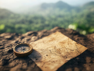 hyper realistic close up of compass and old map resting on rocky surface, surrounded by lush...