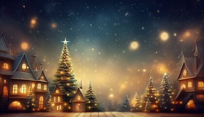 クリスマス、クリスマスツリー、夜景、イルミネーション、ファンタジー、冬、星、雪、雪景色、ホリデーシーズン、クリスマスデコレーション、暖かい光、幻想的、冬の街並み、星空