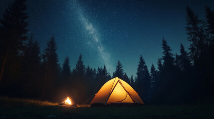 serene camping scene featuring tent illuminated from within, surrounded by tall trees under starry night sky. warm glow of tent contrasts beautifully with cool night atmosphere, creating peaceful and