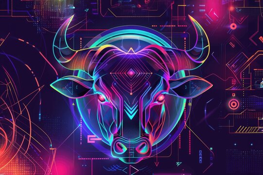 Taurus zodiac sign in futuristic neon digital art design. AI