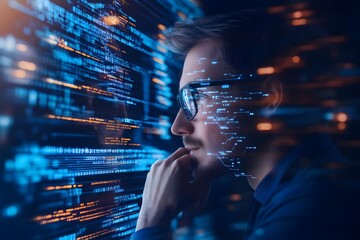 Programmer Analyzing Code with Binary and Algorithm Overlay in Double Exposure Representation