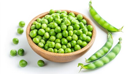  A fresh serving of green peas arranged neatly on a white plate against a clean white background. The vibrant green color of the peas contrasts beautifully with the simplicity of the plate, 