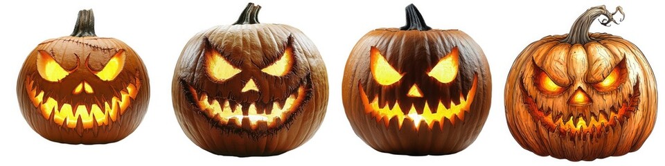 Collection Watercolor of Four Halloween pumpkins with glowing faces, showcasing various spooky expressions against a white background.