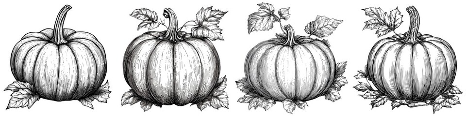 Collection Watercolor of Four hand-drawn sketched pumpkins with leaves on a white background, perfect for autumn-themed designs, isolated on a white background.