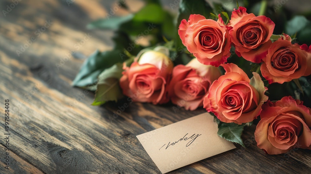 Poster a lovely bouquet of roses accompanied by a handwritten note is thoughtfully placed on a weathered wo