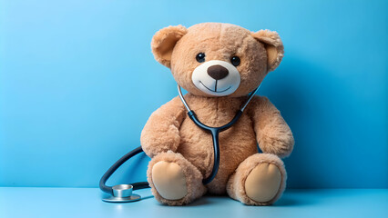Obraz premium Plush teddy bear with stethoscope pretending to be a doctor on a blue background , cute, healthcare, medicine