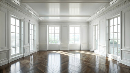 Fototapeta premium Classic empty clean white room with windows, minimalistic, interior design, architecture, bright, spacious, modern