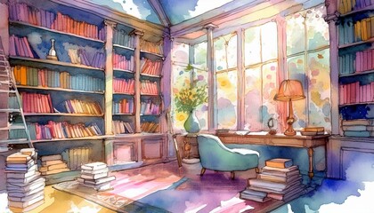 書斎、本棚、日差し、読書、インテリア、ヴィンテージ、アンティーク家具、暖かい光、窓辺、リラックス、アートワーク、カラフル、本、静かな部屋、心地よい空間