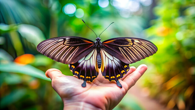 Butterfly siting on hands. Fragile Papilio lowii butterfly with open wings in butterfly's park