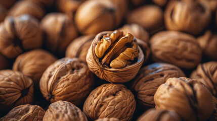 pile of walnuts, close up, clean and detailed, filling the frame
