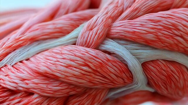 Extreme close up tracking across muscle fibers weaving into a string of muscle tissue.