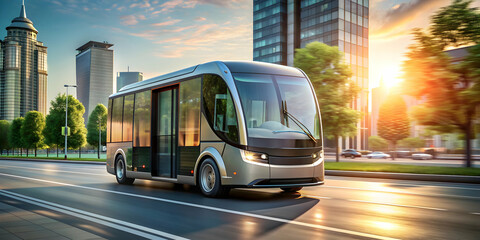 Obraz premium Autonomous electric bus driving on street with smart vehicle technology concept, render, Autonomous, electric, bus