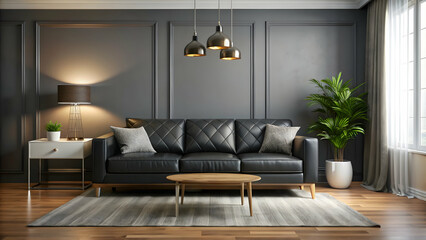 Fototapeta premium Stylish living room interior featuring a comfortable black sofa , modern, elegant, design, cozy, home, house