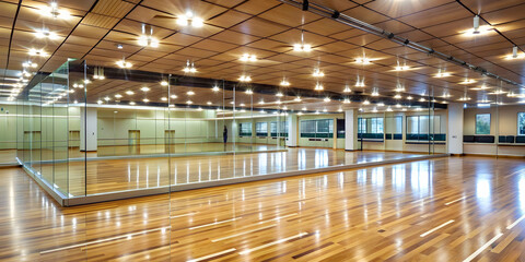 Modern training dance hall with mirrored walls and hardwood floors, dance, hall, interior, modern, training, mirrored