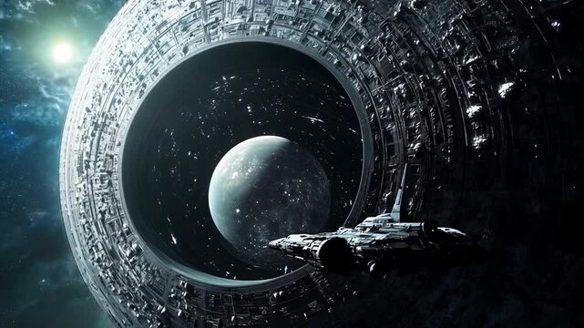 Spaceship strafing to the left in front of a massive spherical space station.