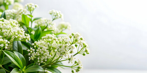 Lush green plant with delicate white flowers on a white background, botanical, nature, greenery, elegant, floral, blossoms