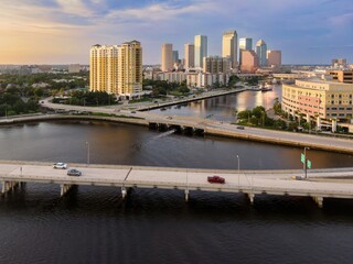 Bridges crossing the bay and buildings in downtown Tampa, Florida, United States.