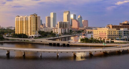 Bridges crossing the bay and buildings in downtown Tampa, Florida, United States.