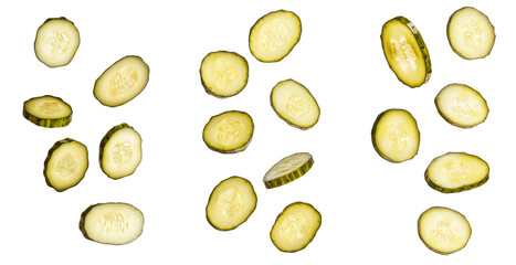 Pickled cucumber slices isolated on white background