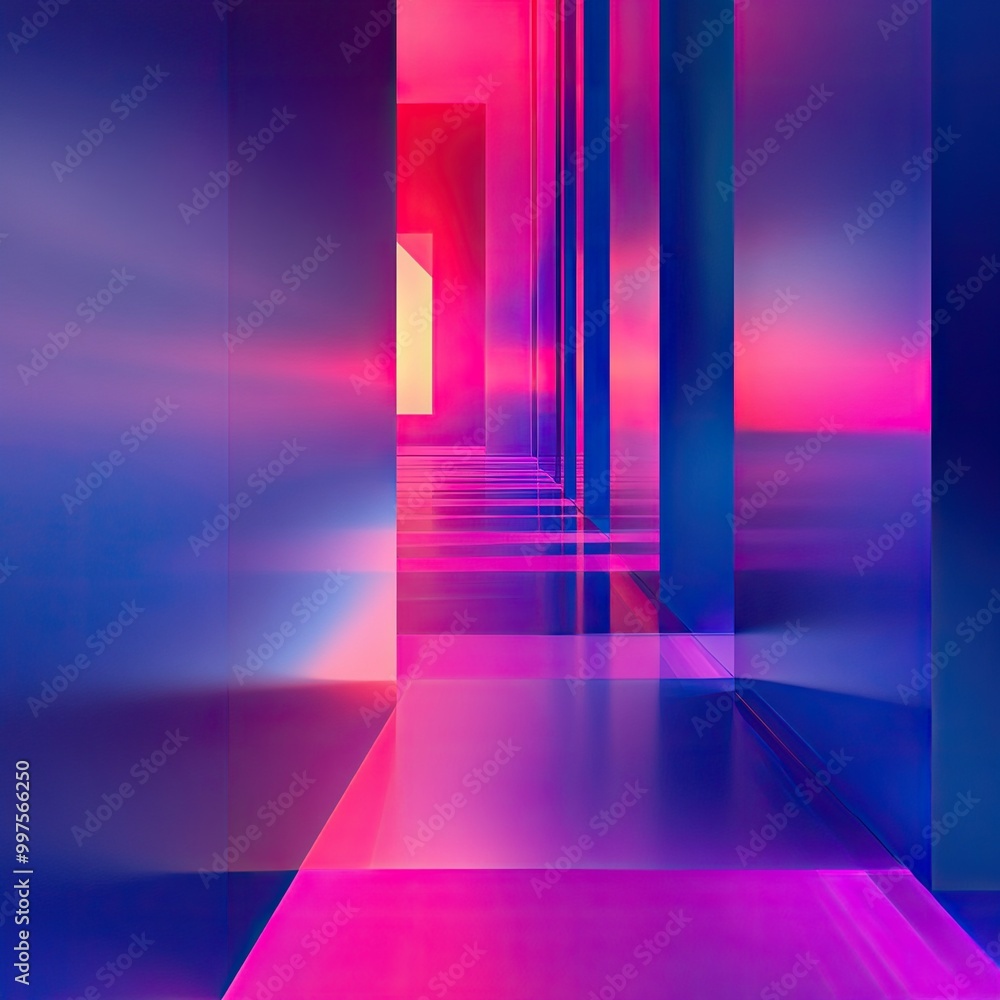 Poster a vibrant abstract corridor featuring colorful lighting and geometric shapes, creating a surreal and