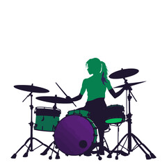 Fototapeta premium A female rockstar drummer performing live in a musical concert and dance party, PNG