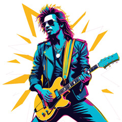 A vibrant Rockstar singing and playing guitar with full vocal tune captivating the audience with energy and passion. PNG and vectot