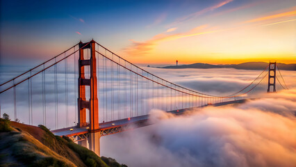 Fototapeta premium Golden Gate Bridge at dawn shrouded in fog , Golden Gate, San Francisco, fog, dawn, sunrise, iconic, landmark, bridge