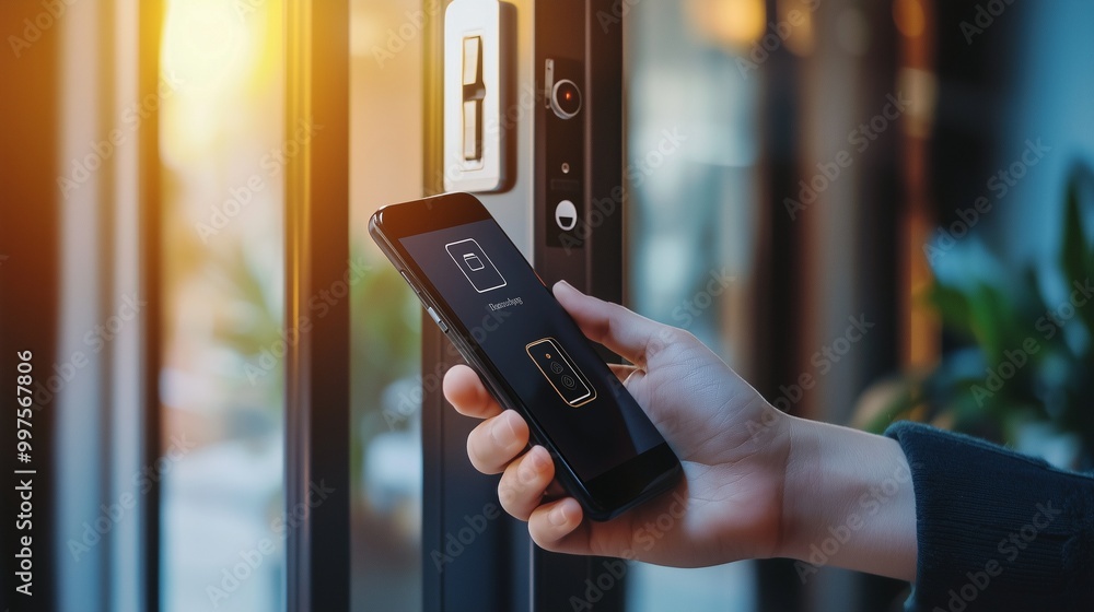 Poster a person uses a smartphone to unlock a smart door lock, symbolizing digital access and iot integrati