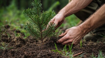 Hands planting a young pine tree in soil, symbolizing reforestation and environmental conservation.