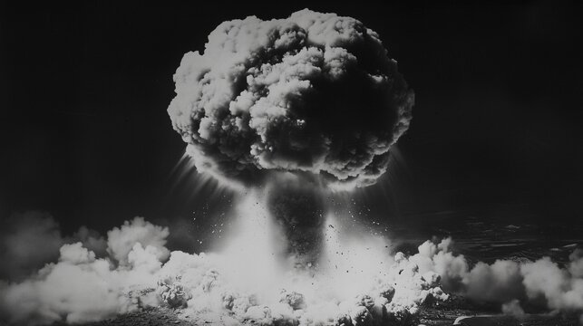 A historical moment capturing the iconic mushroom cloud from an atomic bomb explosion, symbolizing immense destruction and the dawn of the nuclear age.