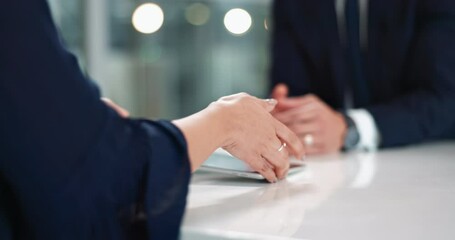 Business people, hands and tablet screen for proposal, deal or partnership together in office. Businessman, tech and graphic for agreement, project budget and teamwork with collaboration or b2b goal