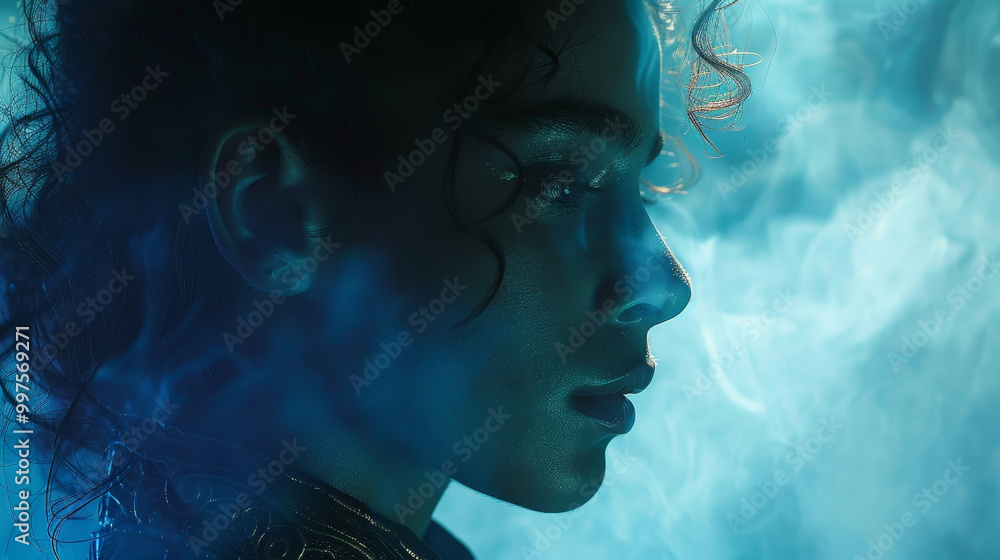 Wall mural  Profile of a Woman Surrounded by Mystical Blue Smoke