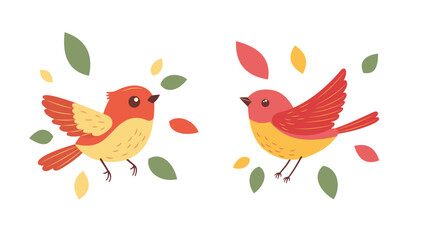 A Pair of Cute Orange Robin Bird Animal with Leaves in the Park