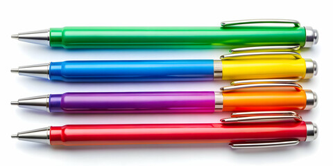 Fototapeta premium Collection of five colorful pens for back to school supplies isolated on background, back to school, supplies