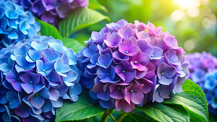 Fototapeta premium Blue to purple gradient hydrangeas with green leaves isolated on background, hydrangeas, flowers, floral, gradient, blue