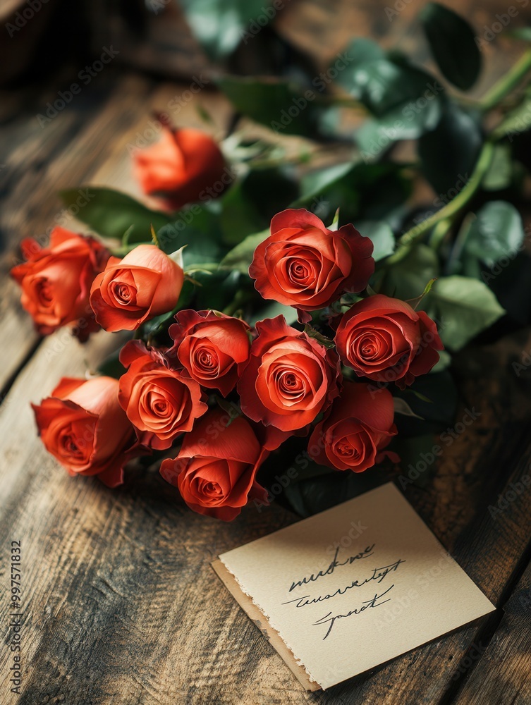 Aufkleber fresh roses tied together with greenery and a handwritten note sit on a rustic wooden table, creatin