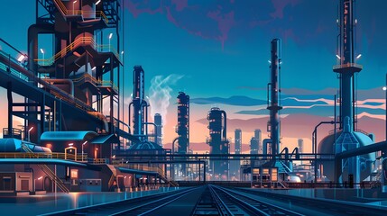Illustrate a futuristic oil refinery where Distributed Control Systems manage multiple processes, ensuring seamless coordination and operational safety