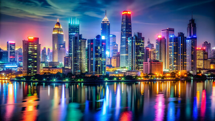 Fototapeta premium Vibrant city skyline at night with colorful lights and skyscrapers , urban, cityscape, downtown, metropolitan