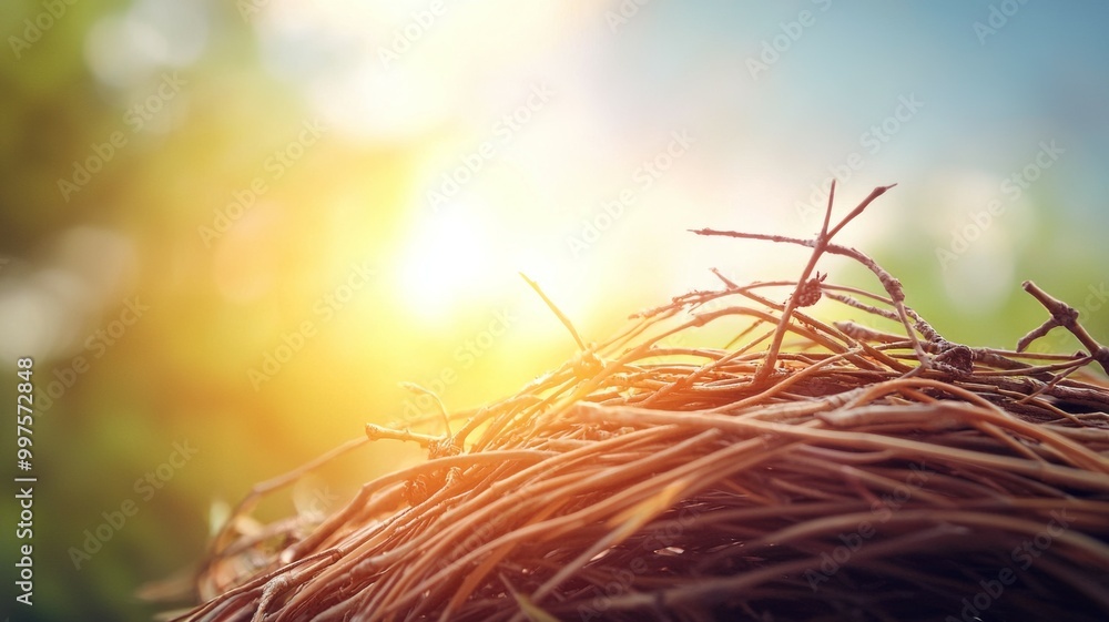 Poster a nest of twigs and branches is sitting on a tree branch