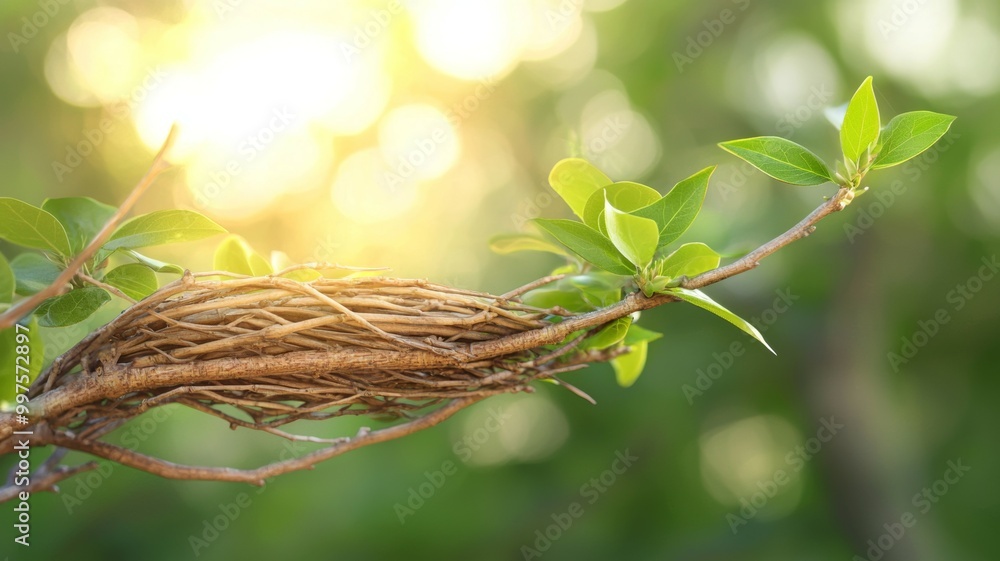 Poster a nest is built on a branch of a tree