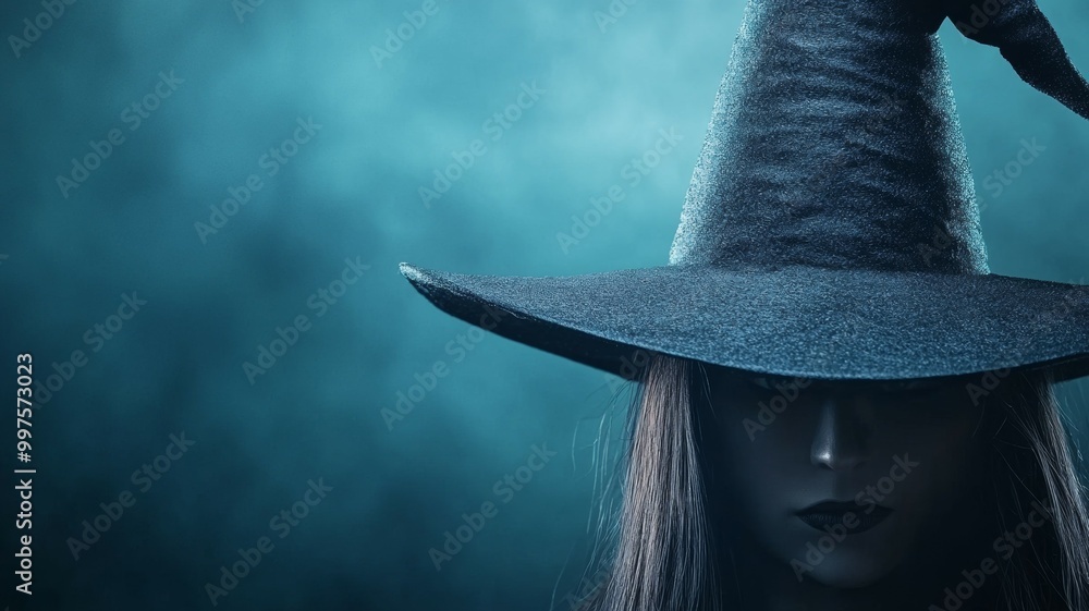 Poster A woman wearing a black witch hat is standing in front of a blue background