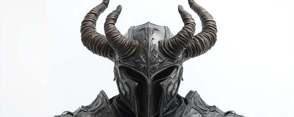 A detailed close-up of a dark fantasy knight's helmet featuring prominent horns and intricate designs.