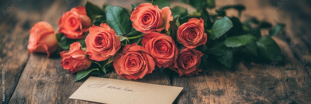 Poster a beautiful bouquet of pink roses rests on a rustic wooden table, accompanied by a small handwritten