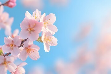 Fototapeta premium Vibrant pink cherry blossoms blooming on tree branches against a hazy blue sky backdrop creating a beautiful and serene springtime landscape scene
