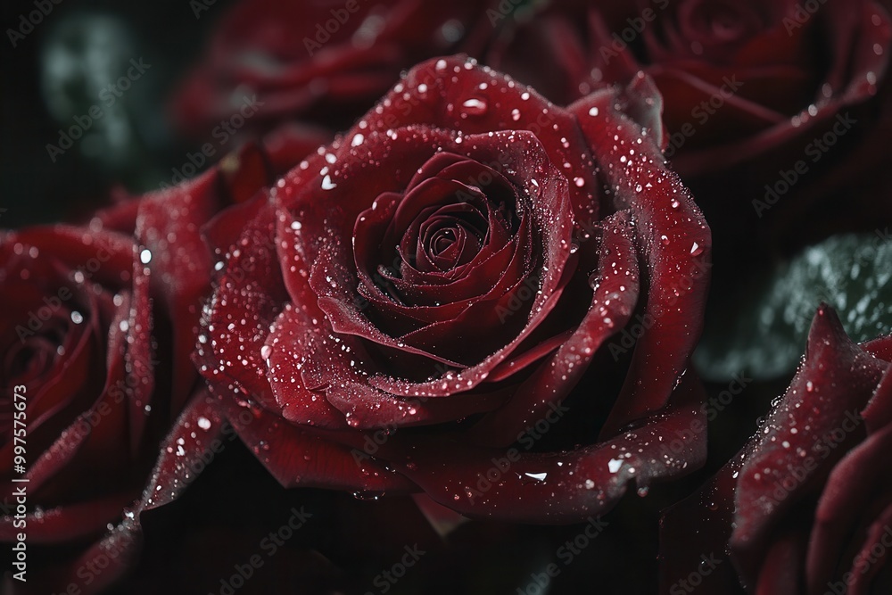 Poster the bouquet features vibrant deep red roses, each petal sparkling with delicate water droplets from 