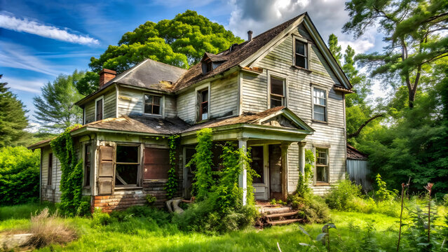 Dilapidated abandoned house with broken windows and overgrown yard, Abandoned, Run down, Neglected, Derelict, Weathered, Ruin