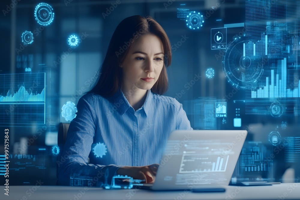 Aufkleber portrait of a focused business woman sitting at her desk surrounded by various digital tools and sym