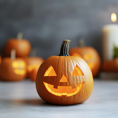 Smiling carved pumpkin with warm glow, festive Halloween atmosphere.