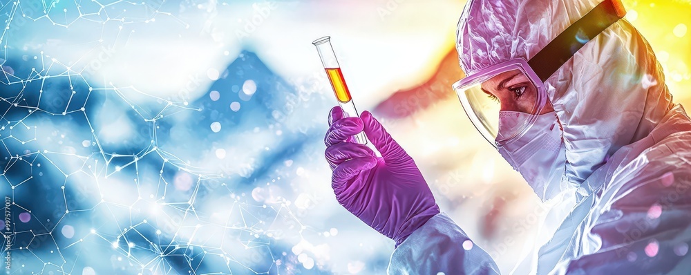 Poster scientist examining sample in laboratory setting